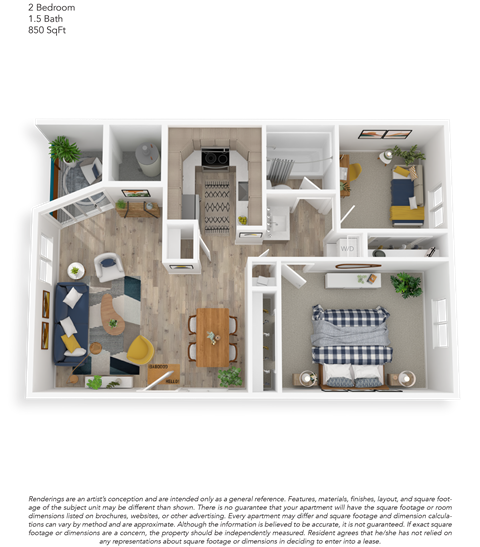 Floor plan for 2 beds, 1 bath, 850 sqft